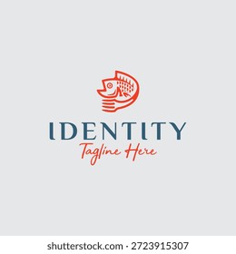 Logotipo moderno do restaurante de frutos do mar com um peixe laranja combinado com um ícone de garfo para marca culinária e identidade do restaurante.