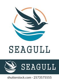 A modern seagull logo design featuring a stylized bird in flight over ocean waves with a circular sunset