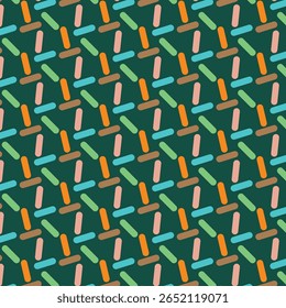 A modern seamless abstract pattern featuring colorful rounded bars arranged diagonally over a dark green background. Ideal for trendy wallpapers, textiles, wrapping paper, and digital design projects.