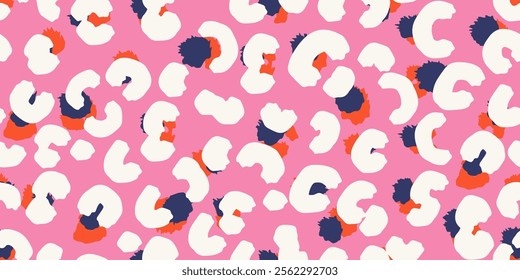 Modern seamless animal-inspired pattern with bold cream, navy, and orange spots on a soft pink background. Vector leopard print. Trendy, vibrant design ideal for fashion, textiles, stationery, 