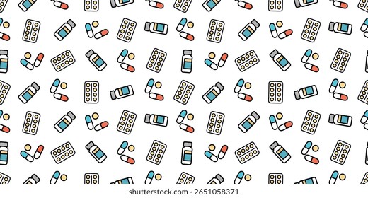 Padrão de fundo contínuo moderno com ícones médicos e equipamentos de saúde no design de vetor plano