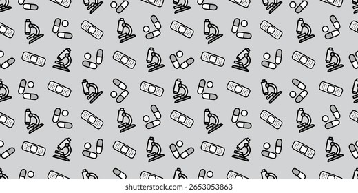 Padrão de fundo contínuo moderno com ícones médicos e equipamentos de saúde no design de vetor plano