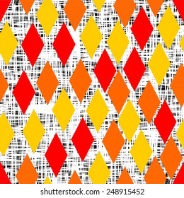 Modern seamless background tile with yellow, orange and red rhombus on black white doodle background