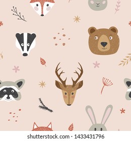 Modern seamless background with wild animals, such as raccoon, rabbit, bear, fox and badger. Great for nursery, product for kids. Vector