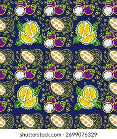 Modern seamless batik pattern of durian and mangosteen fruits with green leaves on navy background. Perfect for contemporary textile and tropical design.