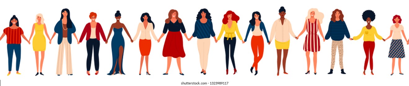 Modern seamless border with international group of happy women or girls standing together and holding hands. - Shutterstock ID 1323989117