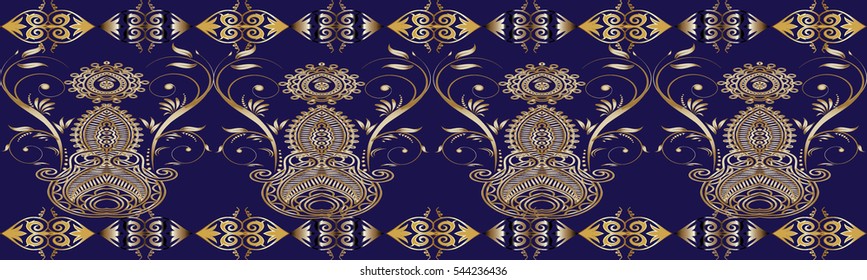 Modern  seamless border. Vector floral seamless pattern background wallpaper with vintage decorative gold  paisley flowers, leaves and antique ornaments. Endless elegant rich texture.