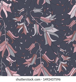 Modern seamless botanical design with field bells. Can be used for printing on paper, stickers, badges, bijouterie, cards, textiles.