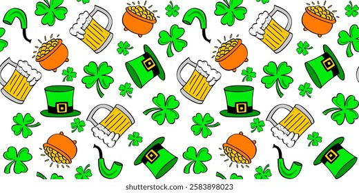 modern seamless bright color pattern st. patrick's day green clover shamrock hat beer pot with gold doodle style