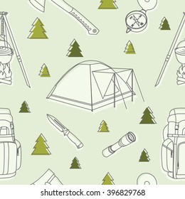 Modern seamless camp equipment and objects linear pattern isolated on background. Vector illustration.
