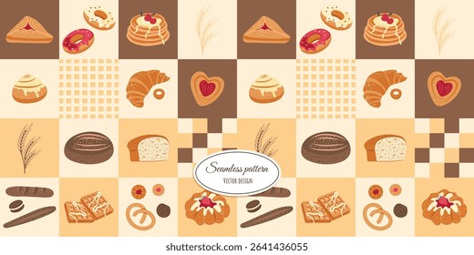 Modern seamless checkered pattern with hand-drawn fresh bakery and desserts. Vector design.