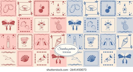 Modern seamless checkered pattern with vintage-style elements painted in blue and red ink. Vector design.