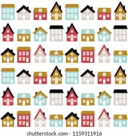 Modern seamless childish pattern with cute houses in scandinavian style. Kids city texture for print. Vector repetitive background.