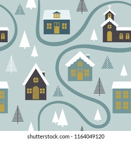 Modern seamless childish pattern with cute houses in a forest. Scandinavian style. Kids texture for print. Vector repetitive background.