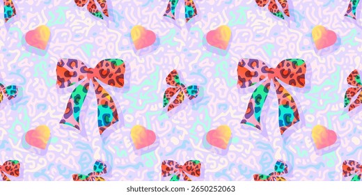 Diseño moderno sin costuras con lazos de impresión de leopardo vibrante, Gradientes pastel, líneas abstractas y corazones lindos. Ideal para productos de estilo de vida, embalaje, decoración infantil y uso digital.