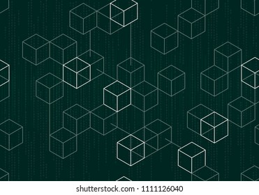 Modern seamless digital blockchain pattern with binary data falling down on illuminated dark green glowing background