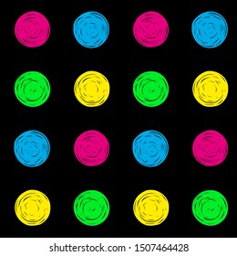 Modern seamless doodle pattern with hand-drawn colorful circles on black background for wallpaper, wrapping paper, gift wrapping.