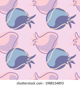 Modern seamless doodle pattern with simple pomegranate shapes. Pink, lilac and blue pastel silhouettes. Decorative backdrop for fabric design, textile print, wrapping, cover. Vector illustration.