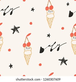Modern seamless endless repeating fashion pattern design. Girly cool pattern design with ice cream illustration. Fashionable template for design