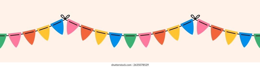 Modern seamless festive background, pattern of garland of multicolored bright triangle flags on light background; vector illustration, flat style