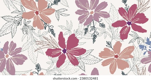 Modern seamless floral pattern. Background of large flowers with brush strokes. Various botanical elements are scattered across the ivory background. for printing on fabric, wallpaper, clothing