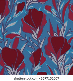 Modern seamless floral pattern. Background collage of large flowers with brush strokes. Various botanical geometric line elements are brightly scattered. Vector for printing on fabric, wallpaper