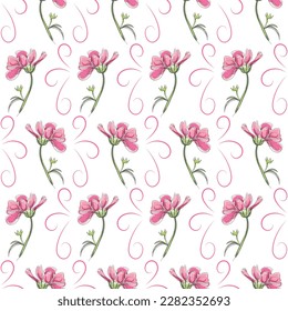 Modern seamless floral pattern, hand-drawn pink flowers on a white background. An elegant template for fashionable prints, printing, website design.