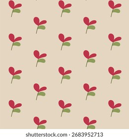 Padrão floral moderno sem emenda com flores vermelhas simples e folhas verdes em um fundo bege macio. Design botânico minimalista, perfeito para tecido, papel de embrulho, papel de parede e projetos digitais.