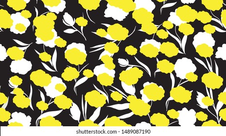 modern seamless floral pattern. white and yellow flowers on black background. vector illustration