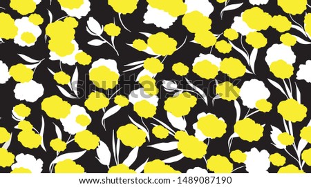 modern seamless floral pattern. white and yellow flowers on black background. vector illustration