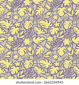 Modern seamless floral pattern with yellow and purple botanical elements, great for spring fabric, packaging, wrapping and stationery collection.