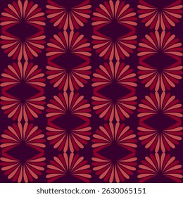 Modern seamless floral vector pattern featuring red symmetrical petal ornaments in a hand-drawn decorative style on a dark background.