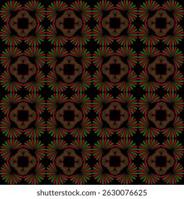 Modern seamless floral vector pattern  featuring  symmetrical red and green petal designs. Hand-drawn ornament style on black background.