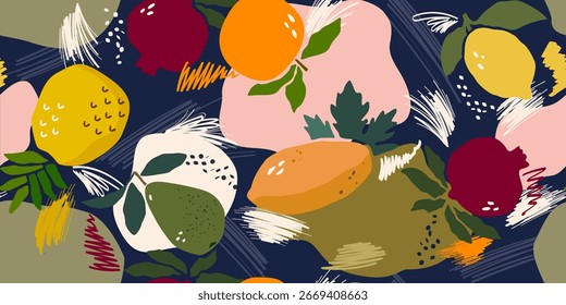 Modern seamless fruit botanical pattern. Artistic tropical fruits background, brush strokes, lines, spots. Vector design for textile, wallpaper, banner, kitchen print.