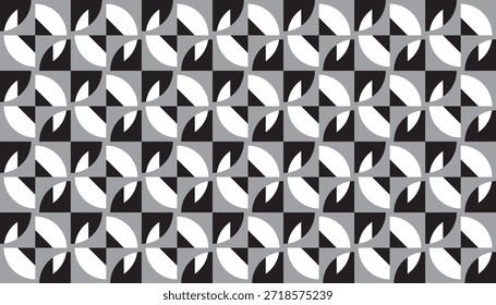 Fundo geométrico contínuo moderno em tons de preto, branco e cinza. Padrão de estilo óptico repetitivo com formas curvas e angulares