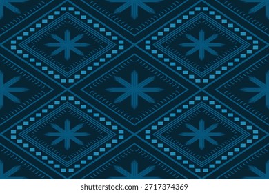 Moderno patrón de diamantes geométricos sin costuras en tonos azul marino y verde azulado. Fondo decorativo de estilo tribal adecuado para la tela, textiles, Fondo de pantalla, papel de embalaje, diseño de superficies y proyectos de interiores modernos.