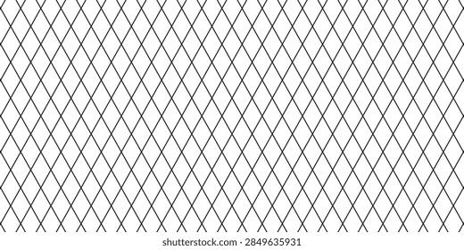 Modern seamless geometric grid with intersecting black diagonal lines forming diamond shapes on white, ideal for contemporary art, posters, wallpaper, and graphic design.