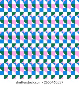 Modern seamless geometric pattern with curved tiles in pink, blue, green, and white. Perfect for textile pattern, fabric, wrapping paper, digital backgrounds, design pattern, surface design project.