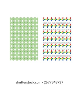 Modernes, nahtloses geometrisches Musterdesign mit konzentrischen grünen Kreisen und farbenfrohen abstrakten Linienformen. Perfekt für Stoffdrucke, Tapeten, Geschenkverpackungen, Verpackungen, digitale Papiere.