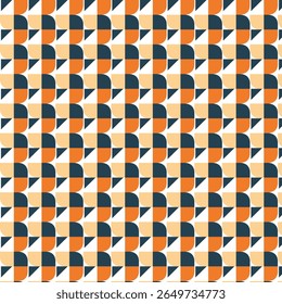 A modern, seamless geometric pattern featuring abstract shapes such as semicircles, triangles, and squares in a minimalist style. Designed with a bold color palette of navy blue, orange, and beige, th