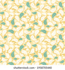 Modern seamless geometric pattern with gold, white and blue falling leaves on a white backgound. Abstract autumn vector for wallpaper, wrapping paper, home decor and fashion fabrics.  