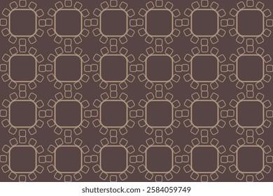 A modern seamless geometric pattern with interconnected square and circular elements in beige on a dark brown background.