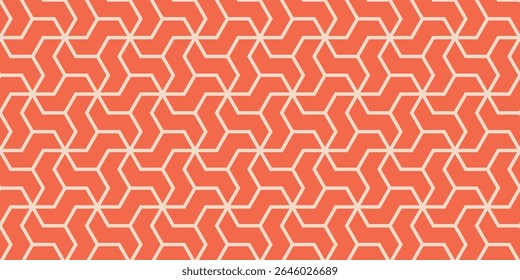Padrão geométrico contínuo moderno com formas de seta hexagonais interligadas em tons de coral e bege. Ideal para têxteis, papéis de parede e fundos digitais.