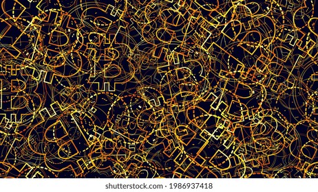 Modern seamless geometric pattern with outline bitcoin BTC sign and digital golden rings with different sizes. Vector illustration.