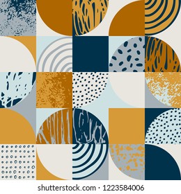 Modern seamless geometric pattern: semicircles, circles, squares, grunge textures, doodles. Abstract background in retro scandinavian style. Trendy vector art for scrapbooking paper, textile, print