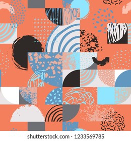 Modern seamless geometric pattern: semicircles, circles, squares, grunge textures, doodles. Abstract background in retro scandinavian style. Trendy vector art for scrapbooking paper, textile, print