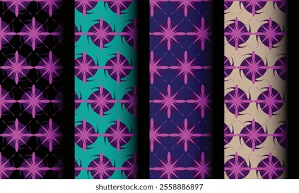 Modern seamless geometric patterns featuring bright purple star shapes on colorful backgrounds. Ideal for textiles, wallpapers, and digital designs