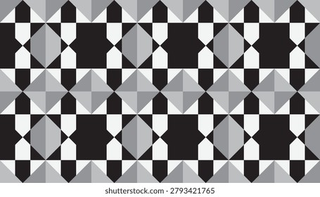 Modern seamless geometric vector background with elegant grayscale checkerboard mosaic pattern. Minimalist black, white, and grey texture with sharp crystal shapes for corporate branding and wallpapers.