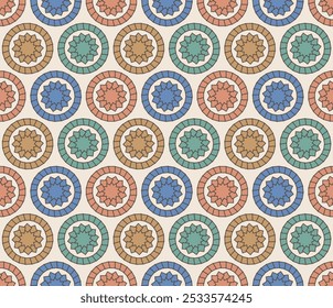 Geometría moderna sin fisuras que repite el patrón circular, en estilo escandinavo sobre fondo rosa claro. Ilustración vectorial para tela textil, Fondo de pantalla, diseño de papel de embalaje.