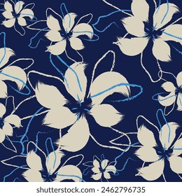 Modern seamless hand drawing pattern style in vector, a floral textile tropical bicolor flower and leaves miniprint flowers geometric pattern design